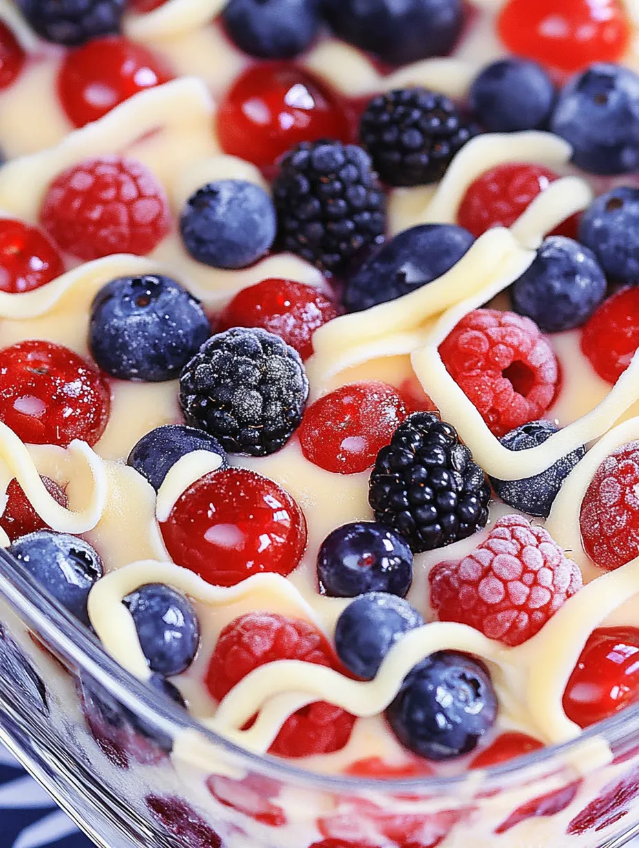 A close up of a dessert with berries and cream.