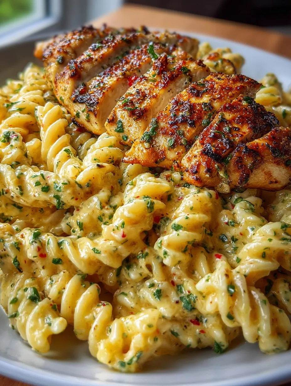 A plate of food with chicken and pasta on it.