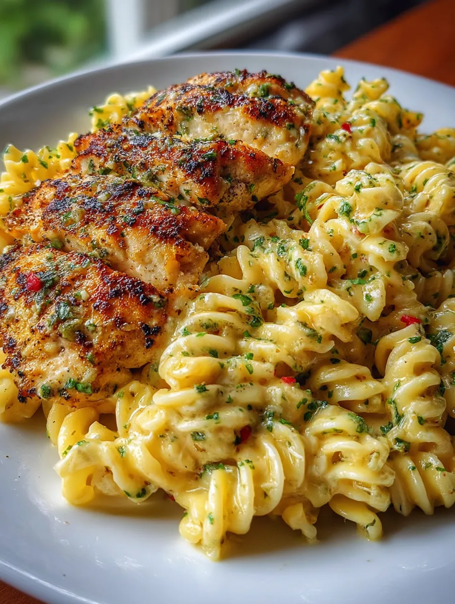 A plate of food with chicken and pasta.