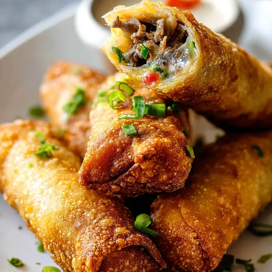 A plate of food with a cheesesteak egg roll.