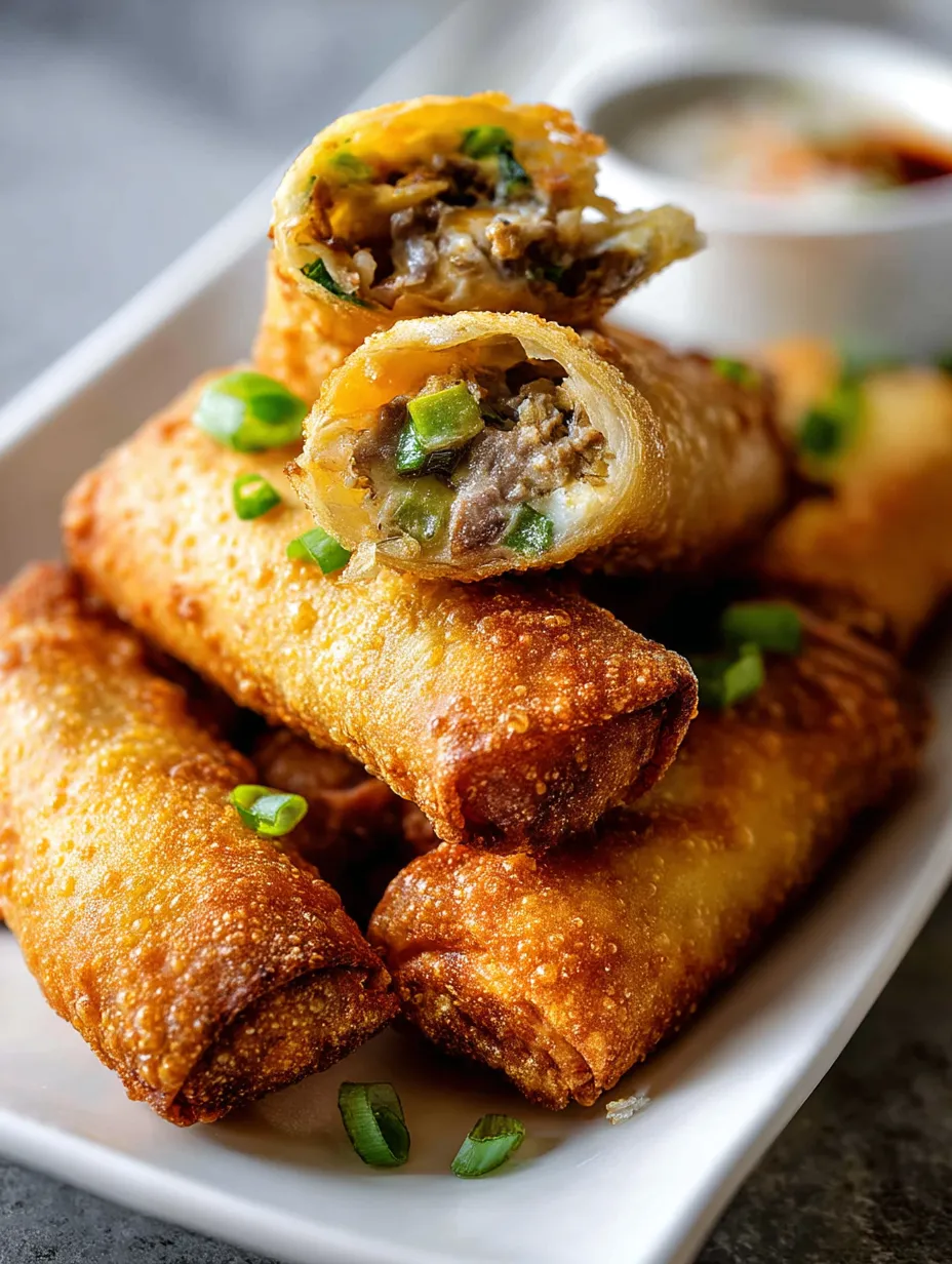 A plate of food with a cheesesteak egg roll on it.