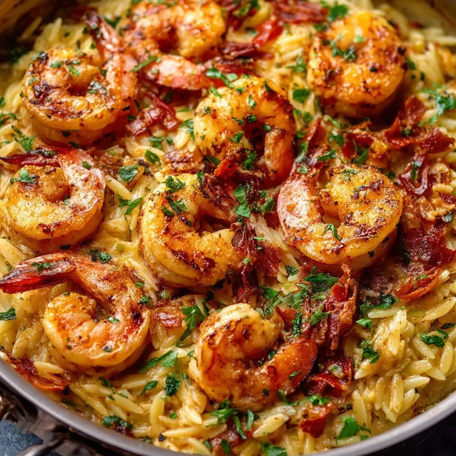 A dish of shrimp and orzo pasta.