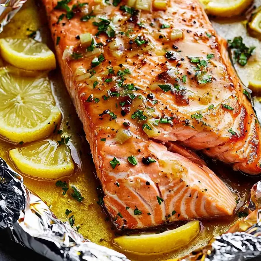 A piece of salmon with lemon slices on top.