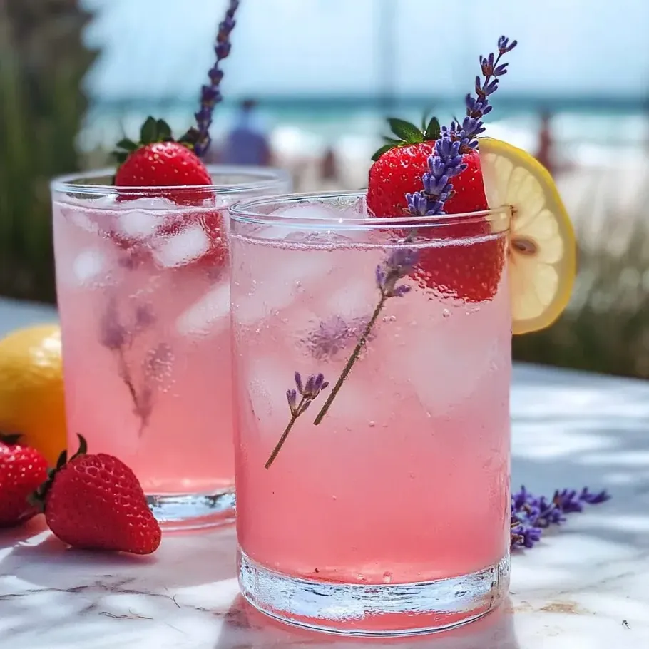 Two glasses of pink lavender lemonade drink.