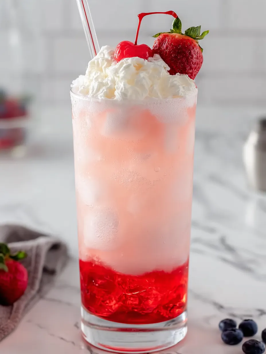 A glass of Italian cream soda with strawberries.
