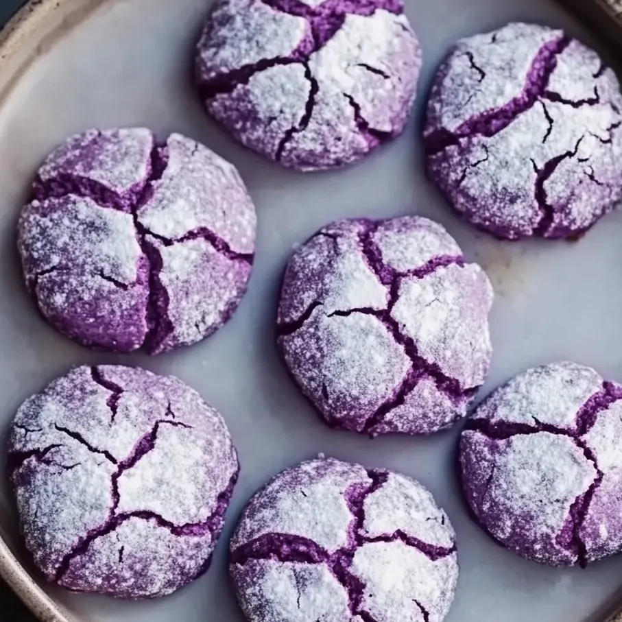 Purple crinkle cookies with white icing.