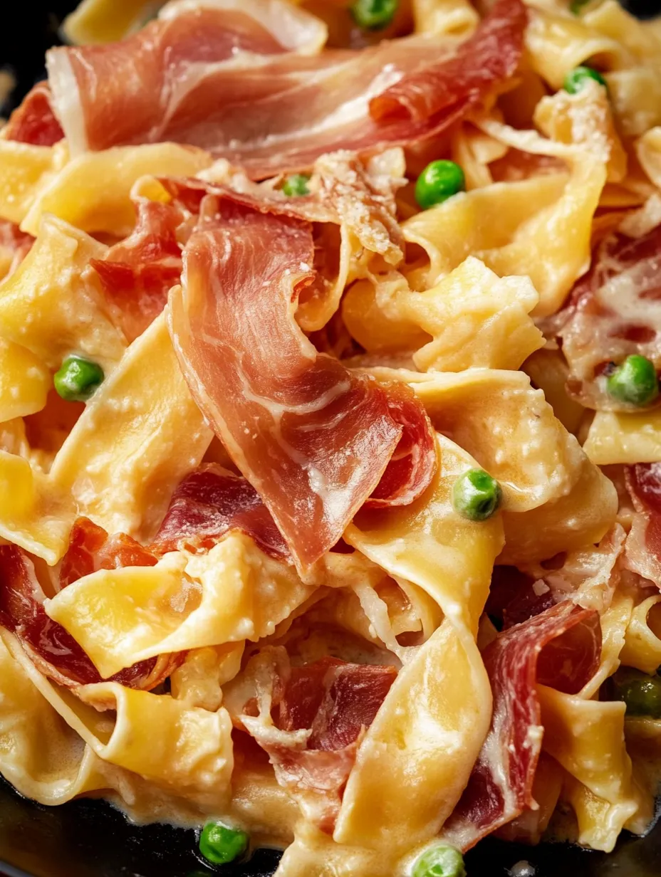 A dish of pasta with ham and peas.
