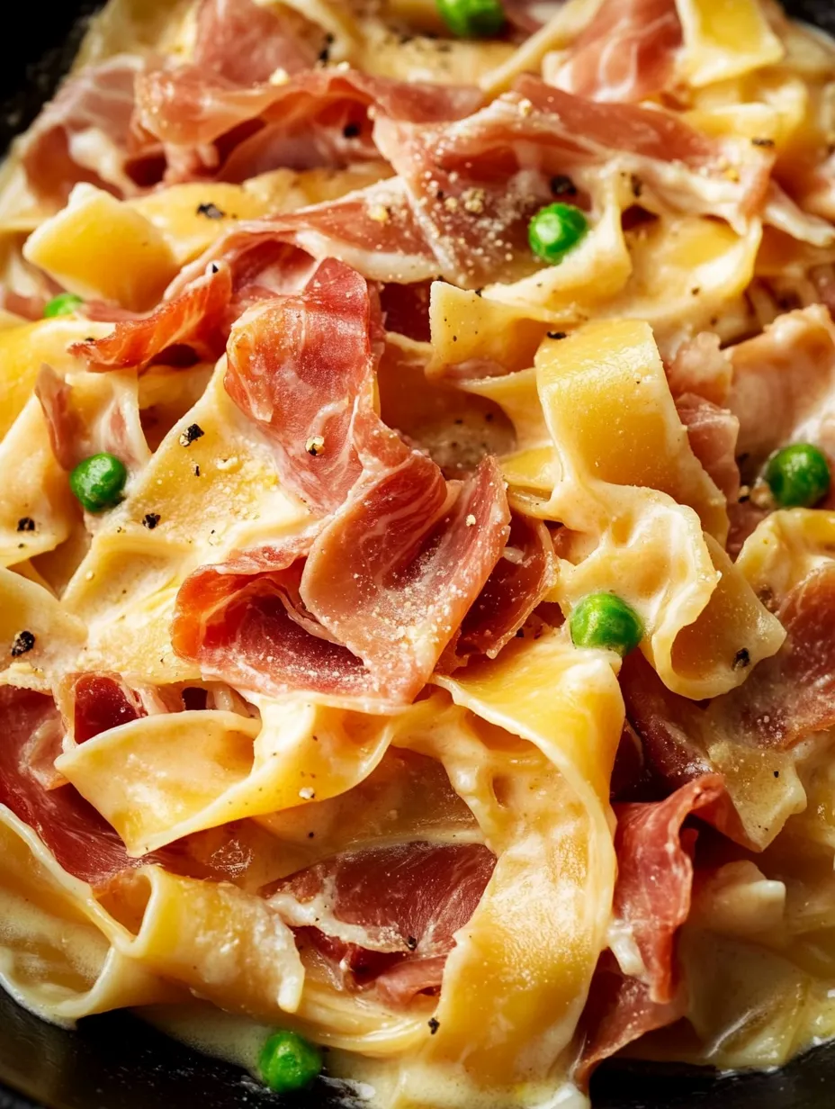 A dish of pasta with ham and peas.