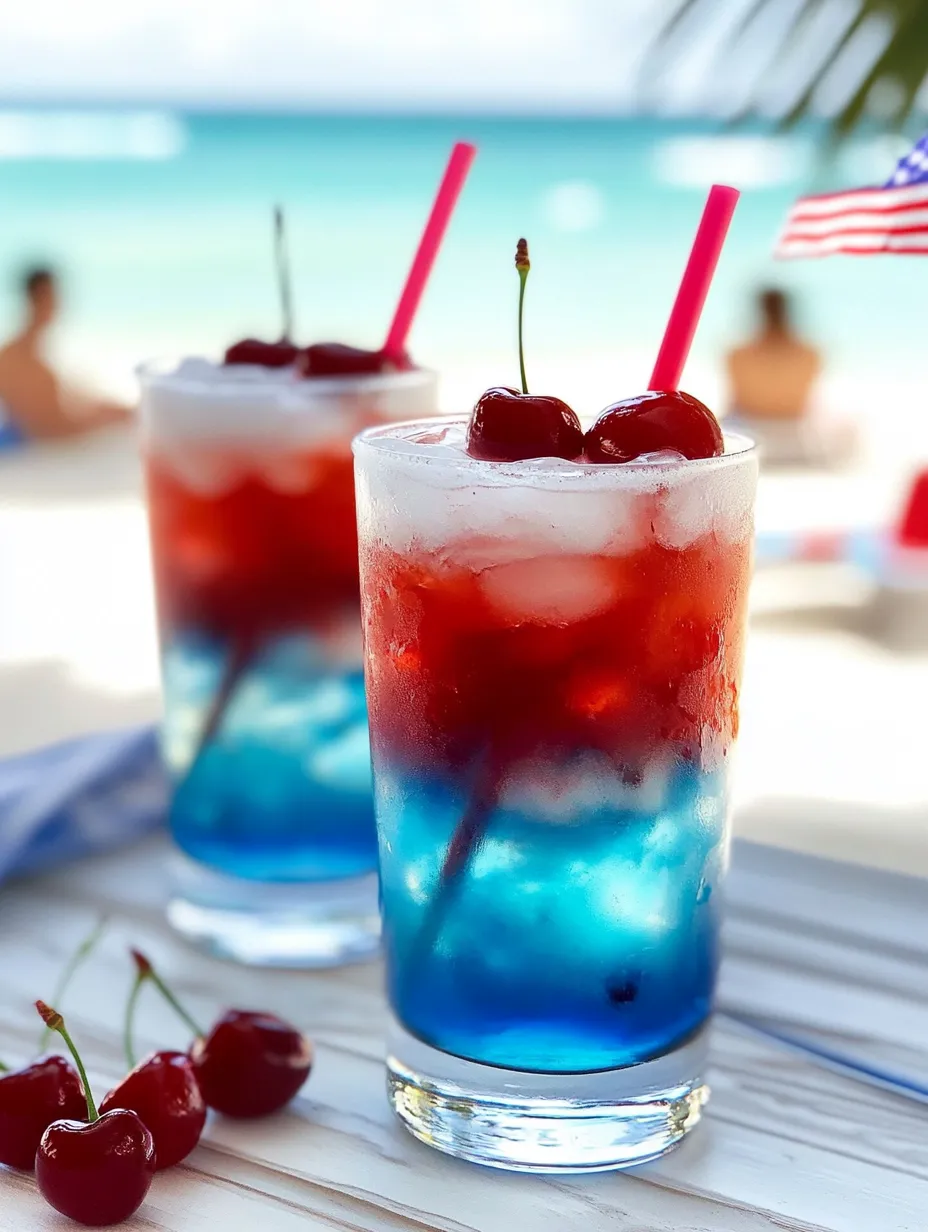 Two red white and blue drinks on a table.