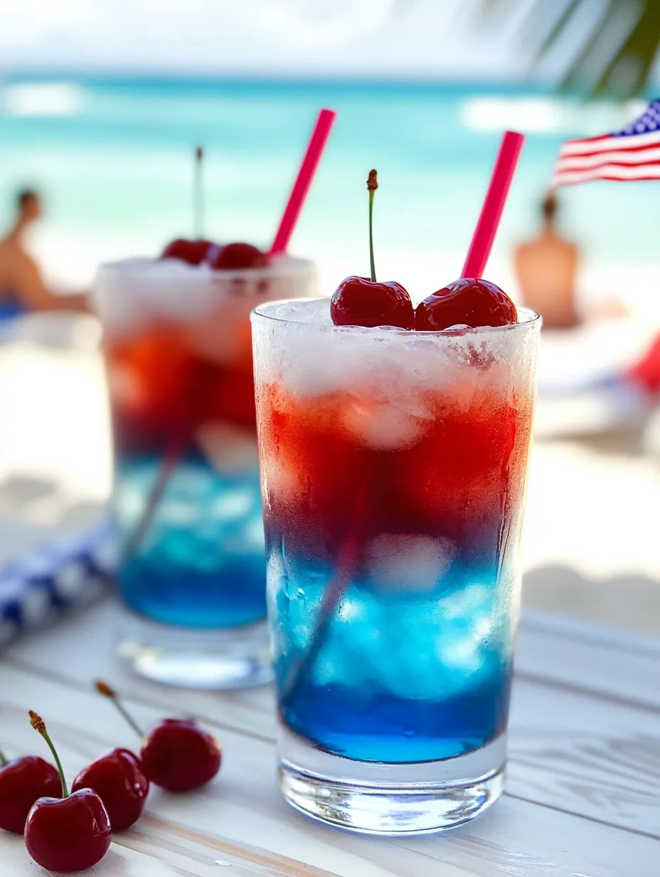 Two glasses of red white blue kid's drink.