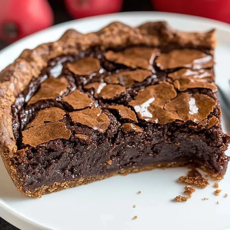A slice of chocolate pie on a white plate.