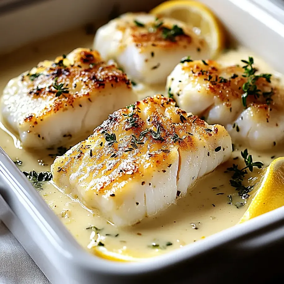 A dish of baked cod with lemon and coconut cream.