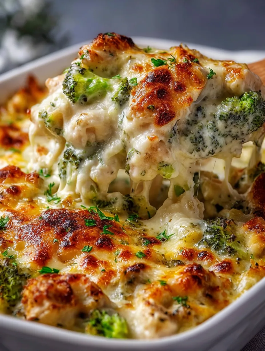 A close up of a chicken and broccoli alfredo bake.