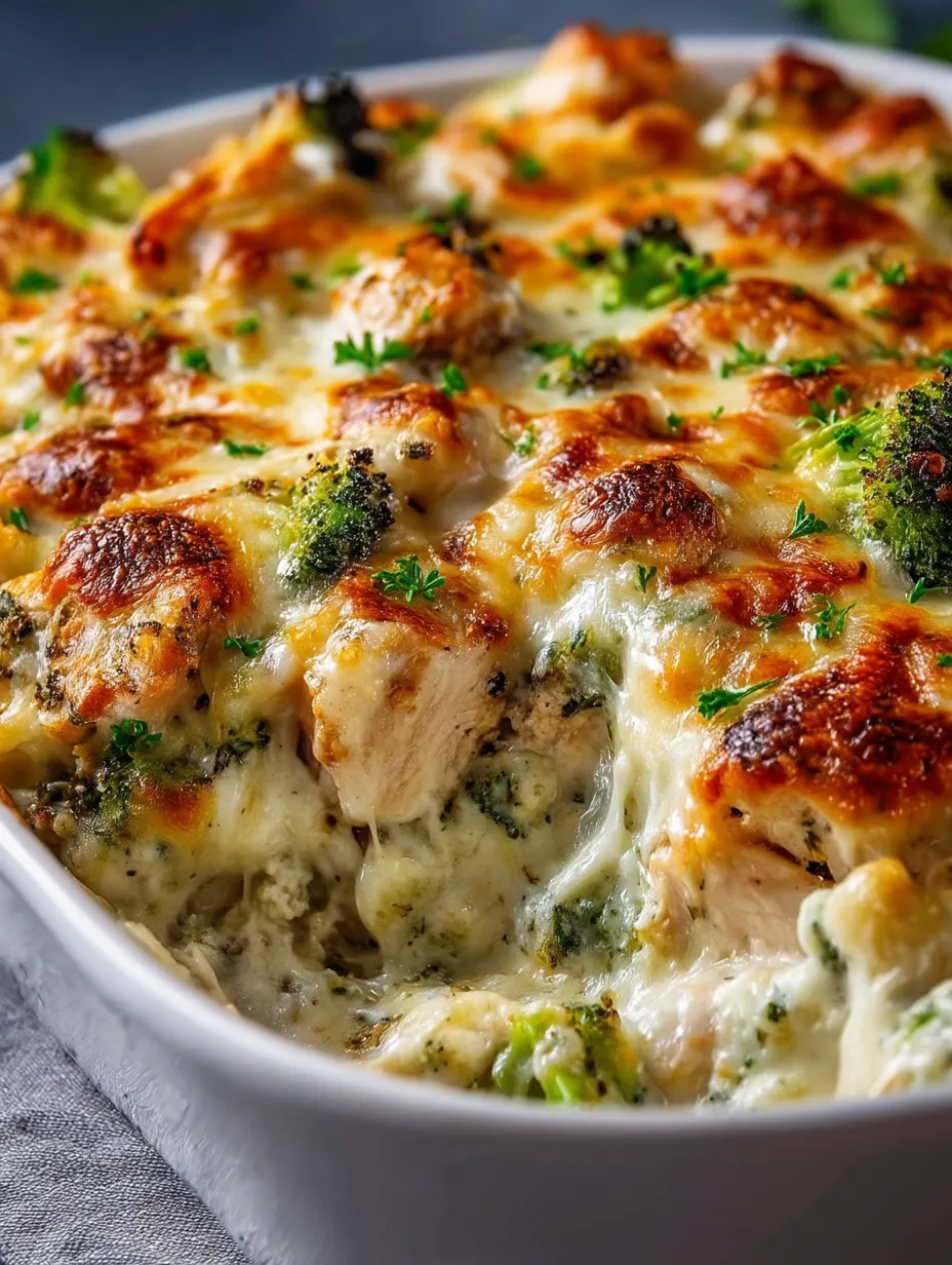 A dish of chicken and broccoli alfredo bake.