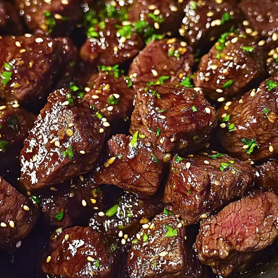 Sticky steak bites with green garnish.