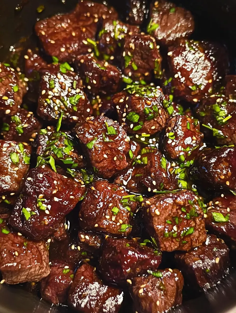 Sticky steak bites with green garnish.