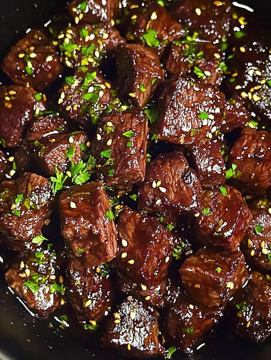 Sticky steak bites with green herbs.