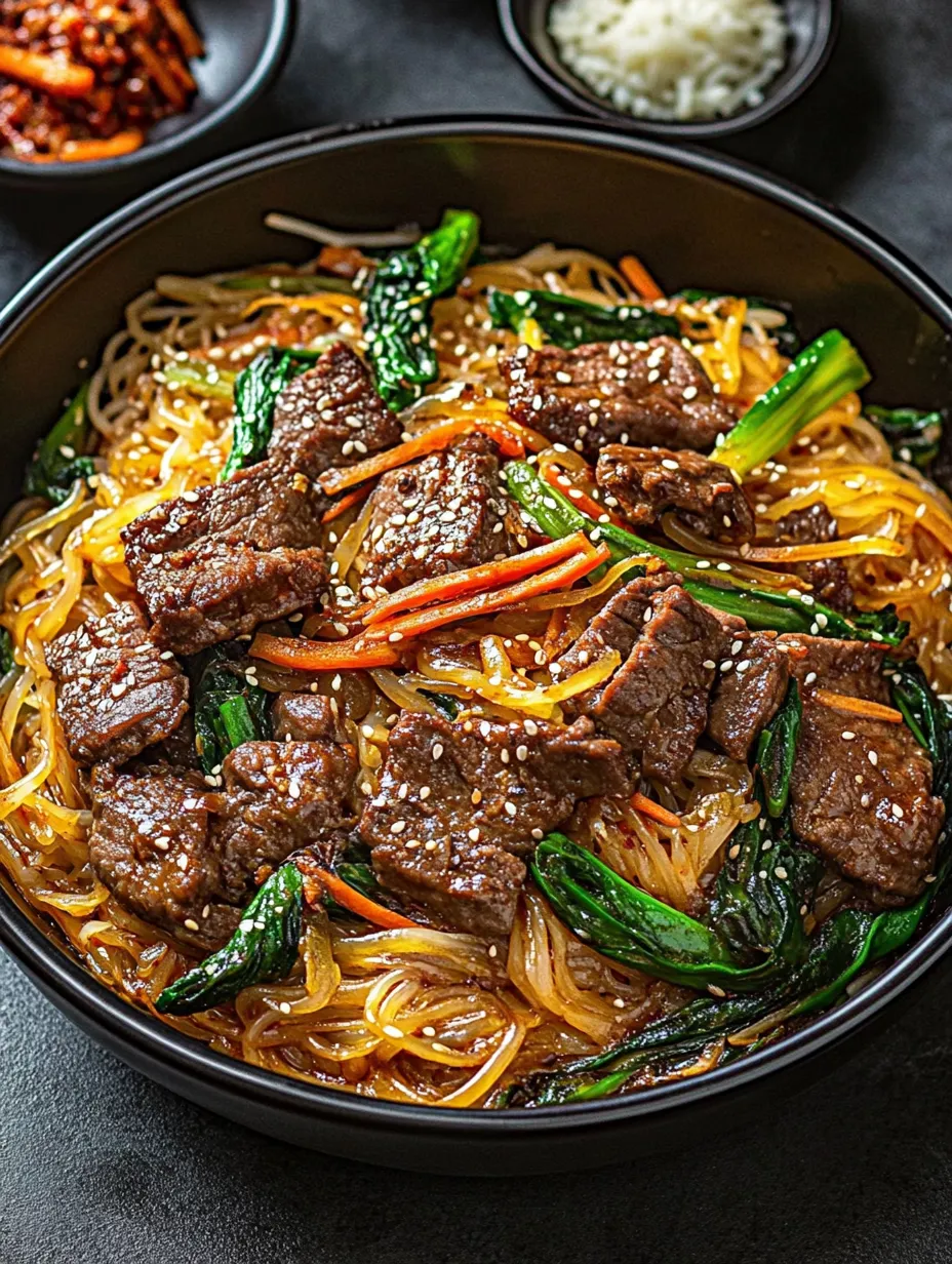 A bowl of Japchae with meat and vegetables.