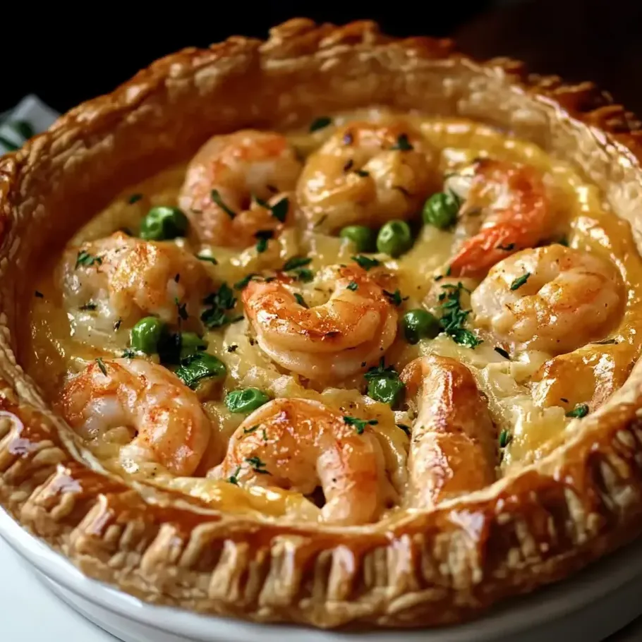 A Cajun Seafood Pot Pie with shrimp and peas.