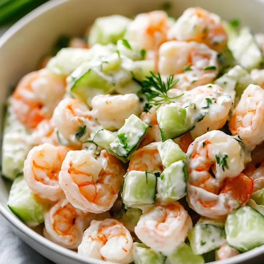 A bowl of shrimp salad with cucumber and lime.