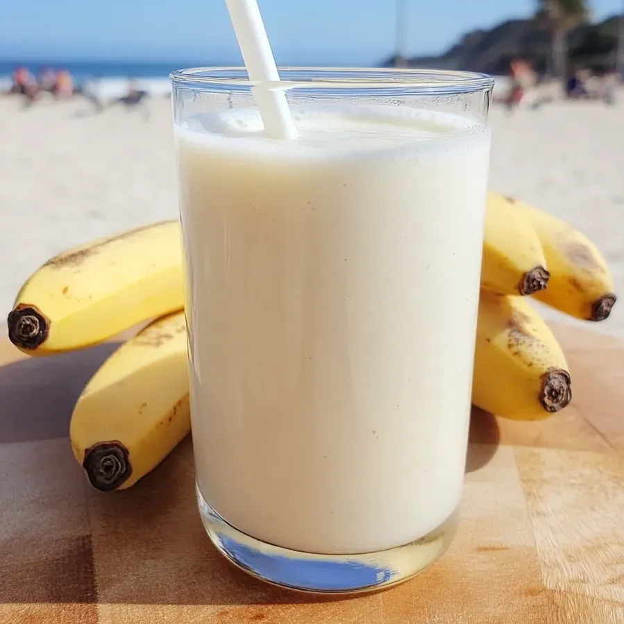 A glass of Korean banana milk on a table.
