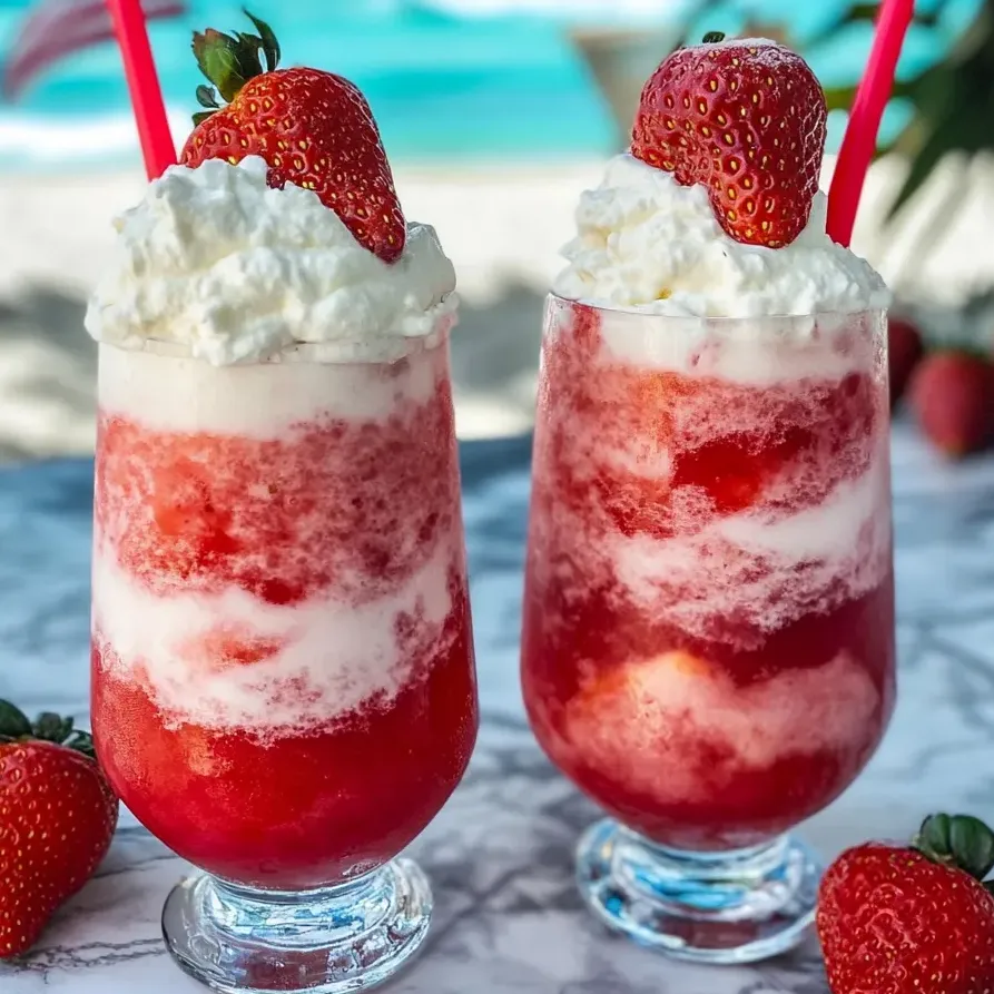 Two glasses of strawberry cream frozen daiquiris.