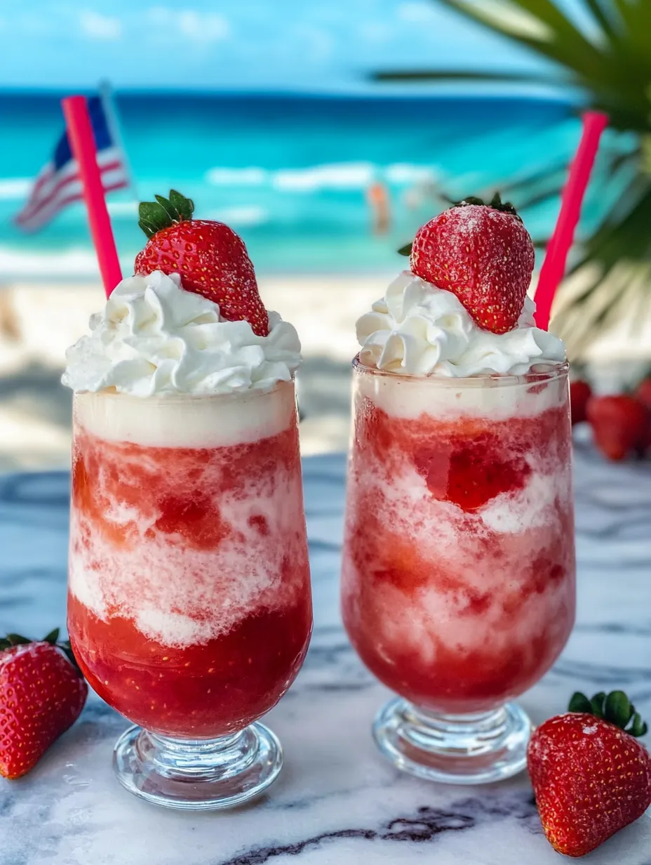 Two glasses of strawberry cream frozen daiquiris.