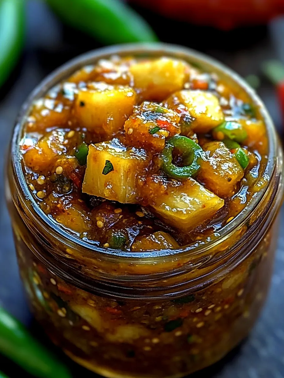 A jar of spicy pineapple jalapeño chutney.