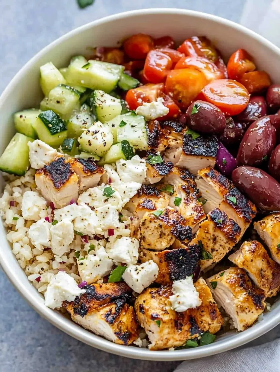 A Greek chicken quinoa bowl with various vegetables.