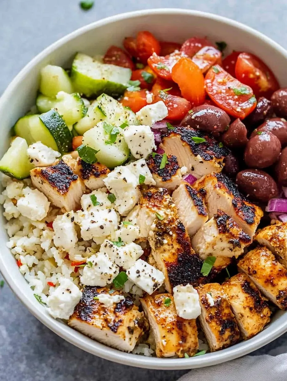 A bowl of Greek chicken quinoa.