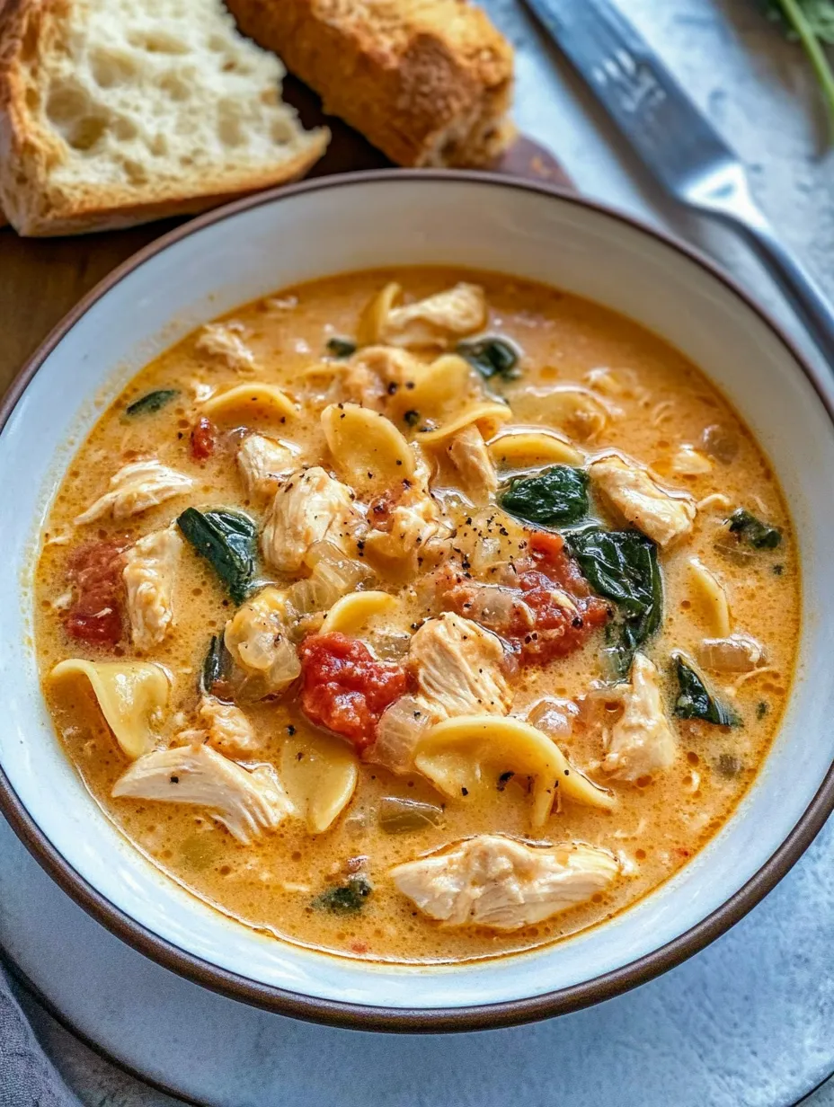 A bowl of creamy Tuscan chicken soup.