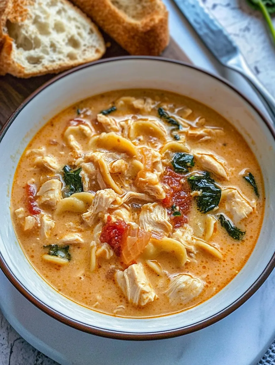 A bowl of creamy Tuscan chicken soup.