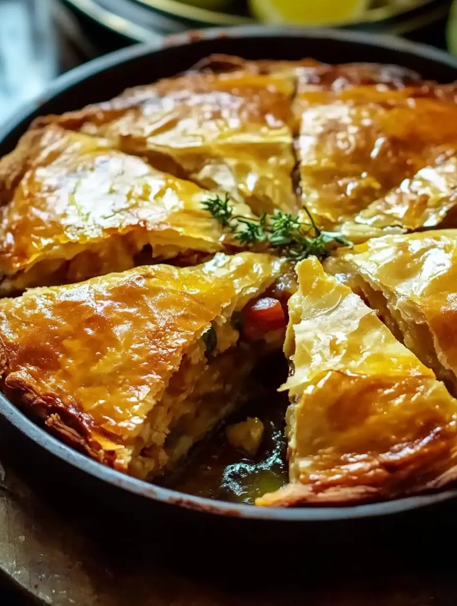 A Greek chicken pie stein with a slice missing.