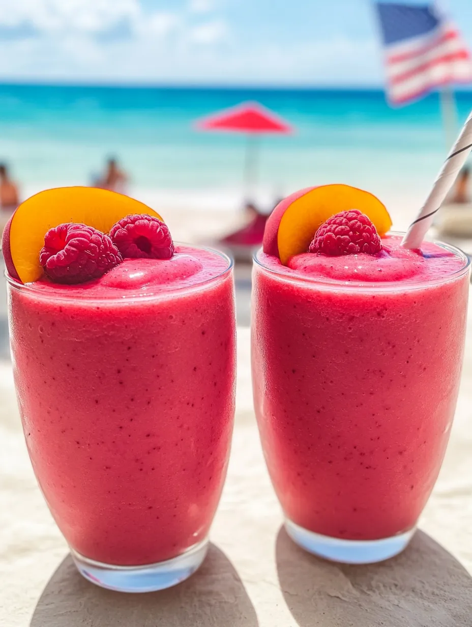 Two glasses of raspberry peach smoothie bliss.