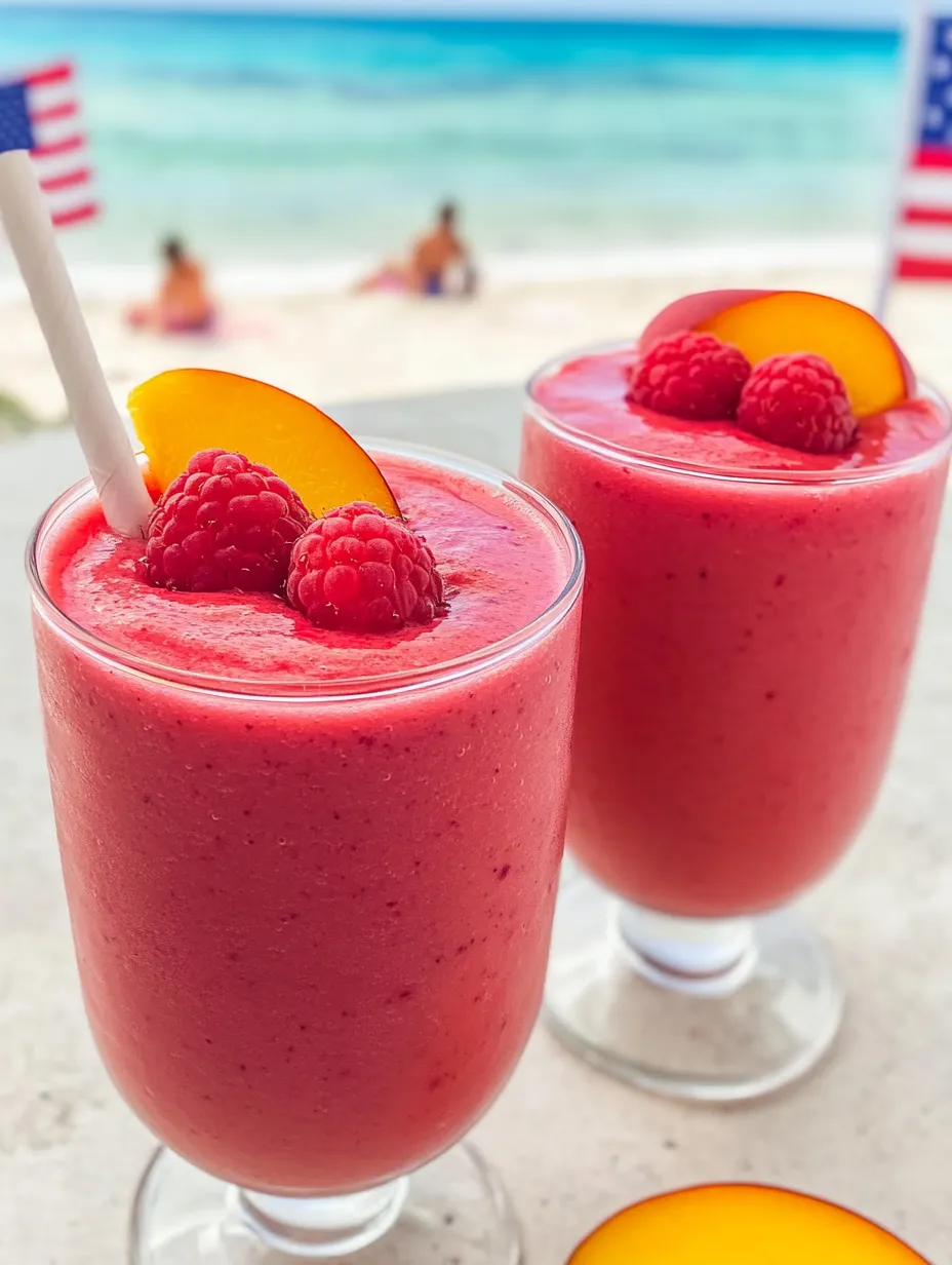 Two glasses of raspberry peach smoothie bliss.