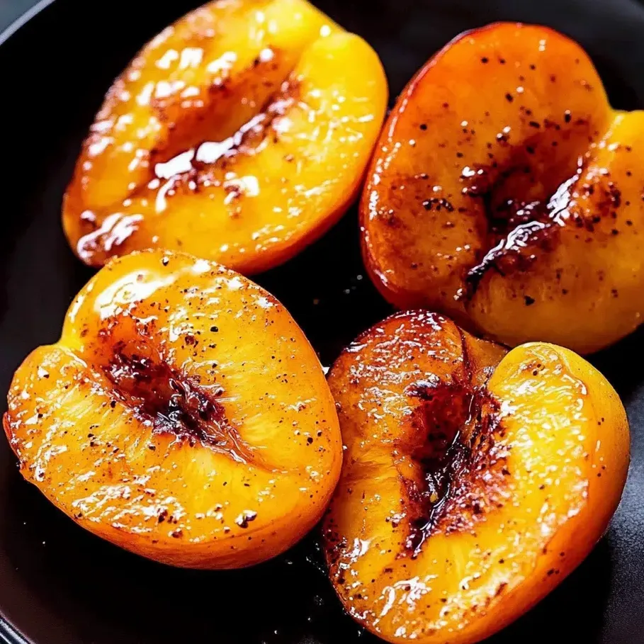 Pan fried caramelized peaches on a black plate.