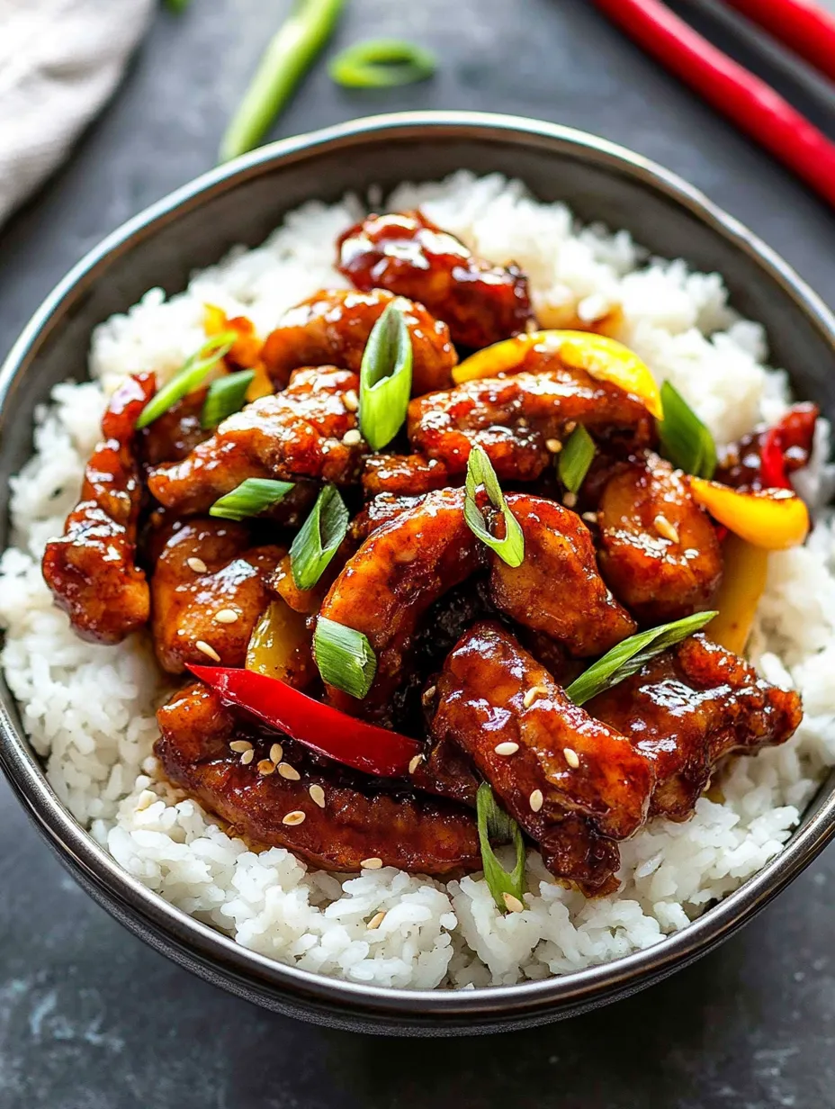 A bowl of Dragon Chicken with rice.