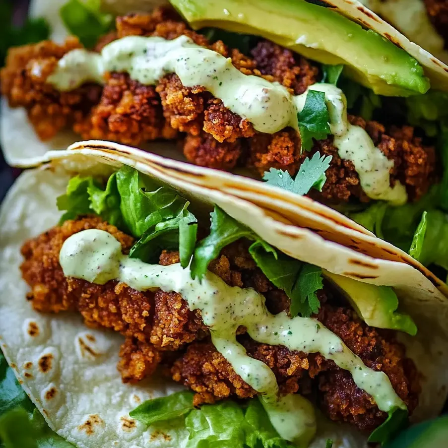 Crispy chicken tacos with avocado and ranch.