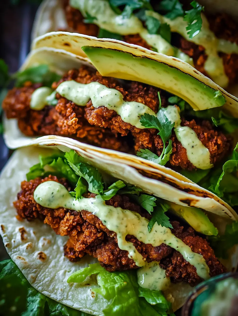 Crispy chicken tacos with avocado and ranch.