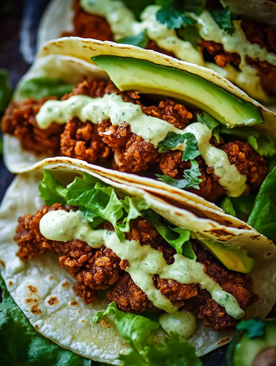 Two crispy chicken tacos with avocado and ranch.