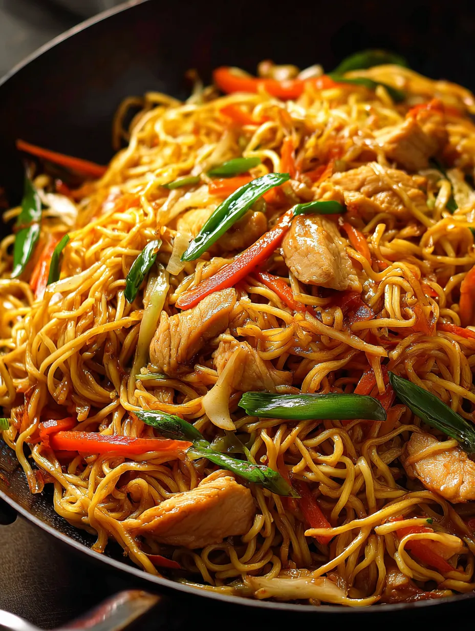 A bowl of noodles with chicken and vegetables.