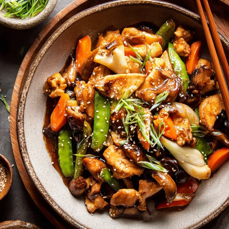 A bowl of stir fry with vegetables and meat.