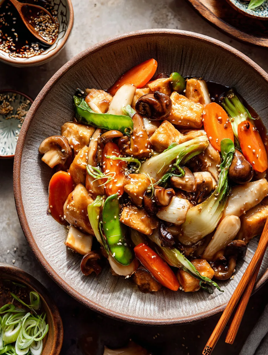 A bowl of stir fry with mushrooms, carrots, and broccoli.