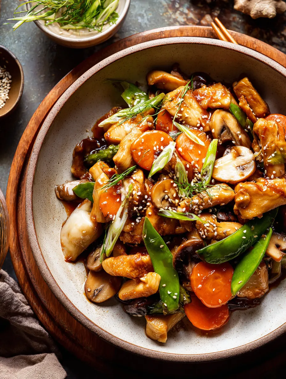 A bowl of stir fry with mushrooms, peppers, and carrots.