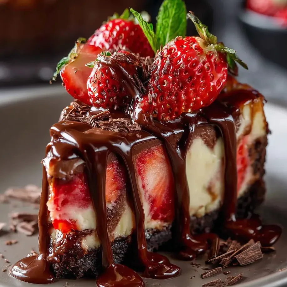 A slice of cheesecake with strawberries and chocolate drizzle.