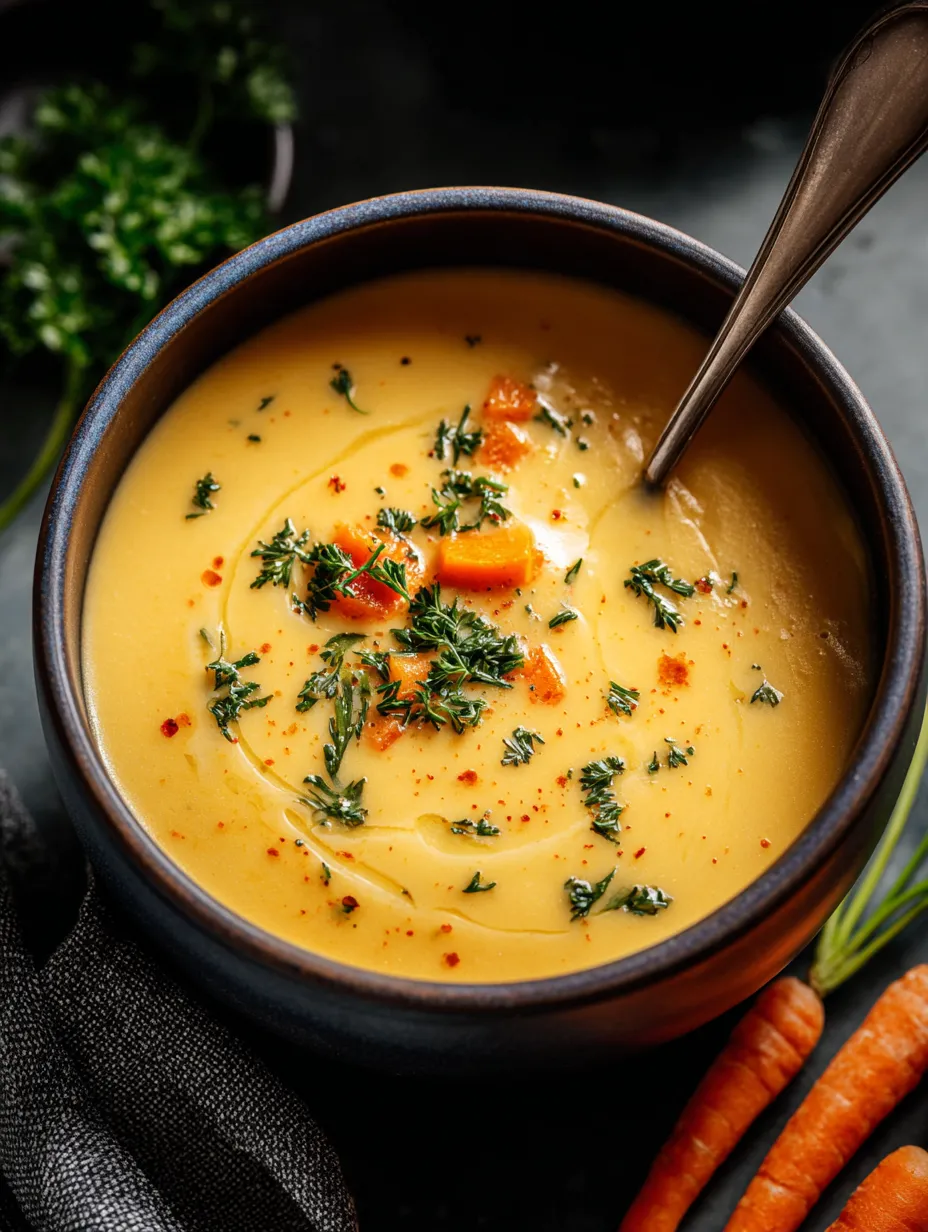 A bowl of soup with carrots and parsley.