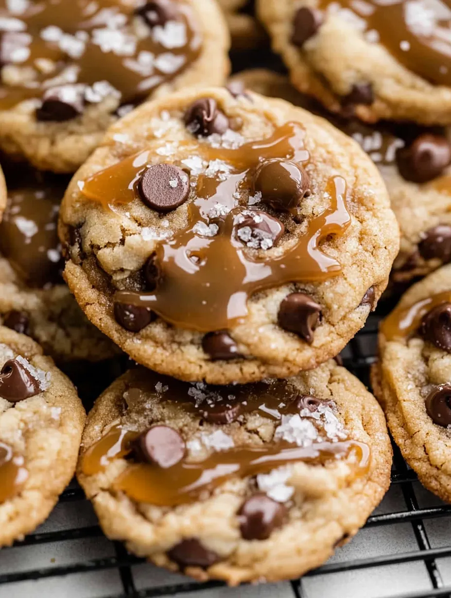 Chocolate chip cookies with caramel drizzle.