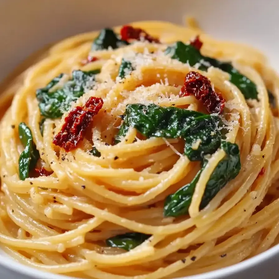 A bowl of pasta with spinach and cheese.