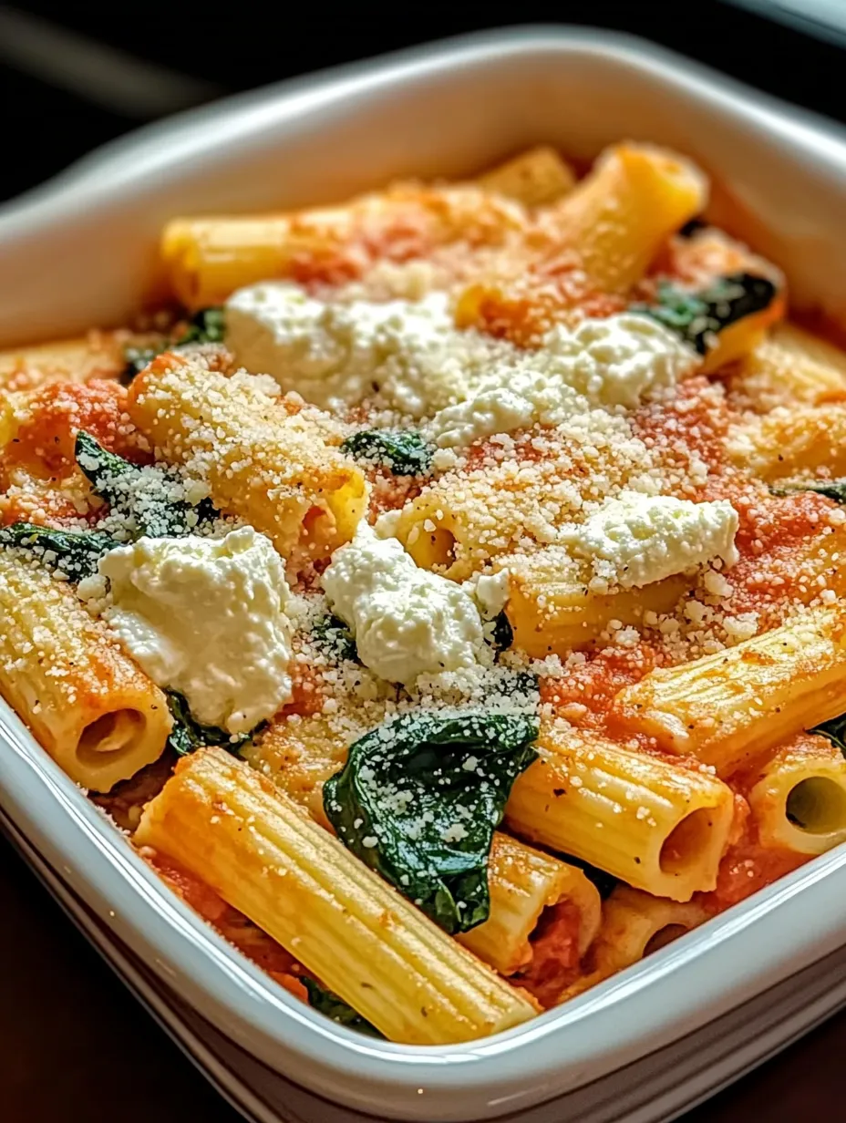 A bowl of pasta with white cheese and spinach.