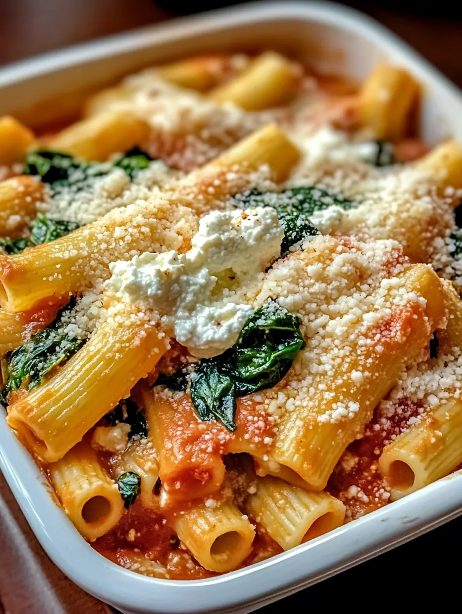 A bowl of pasta with white cheese and spinach.
